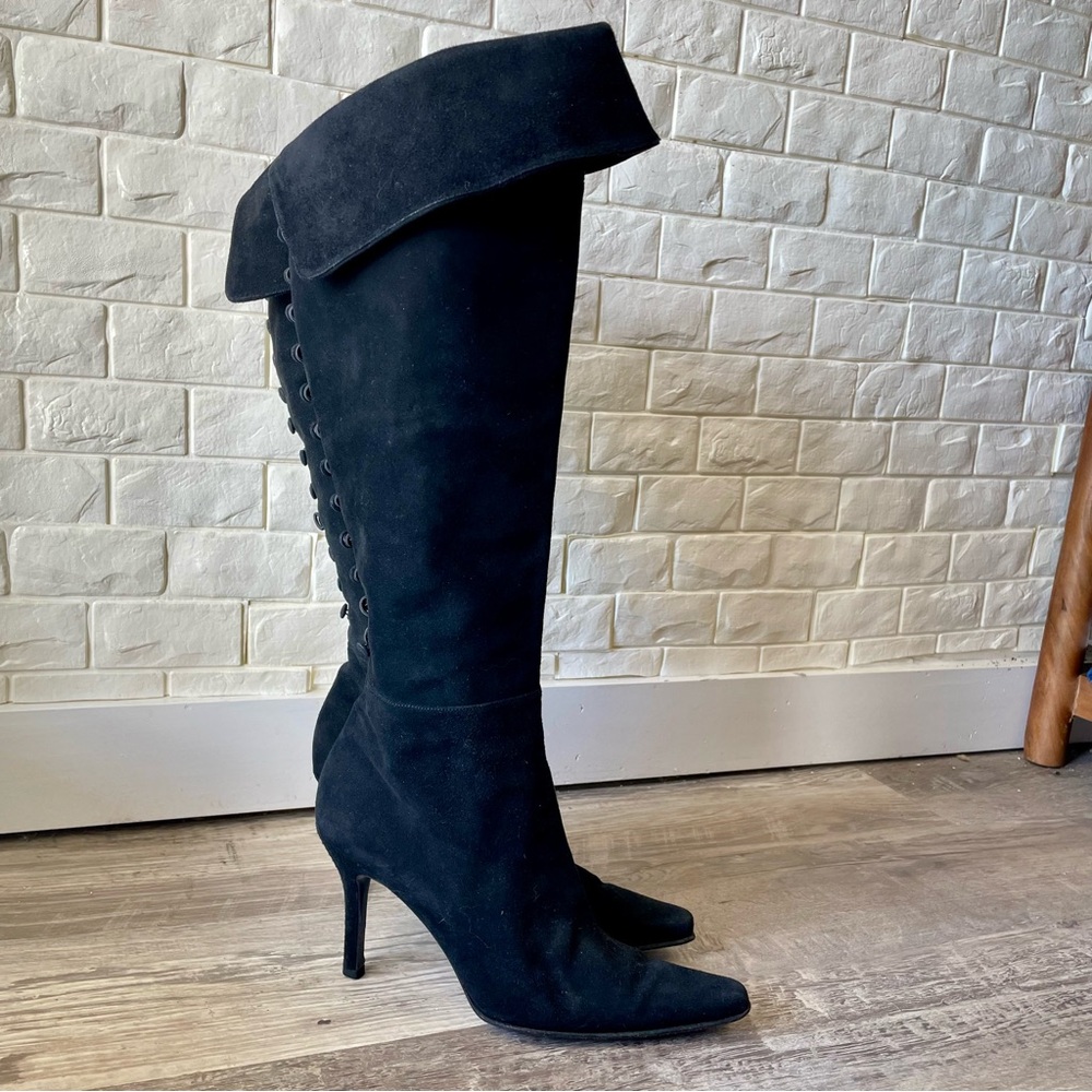 Stuart Weitzman Black Suede Button Down Cuffed Knee-High Heeled Boots Size 8.5 - Picture 9 of 16